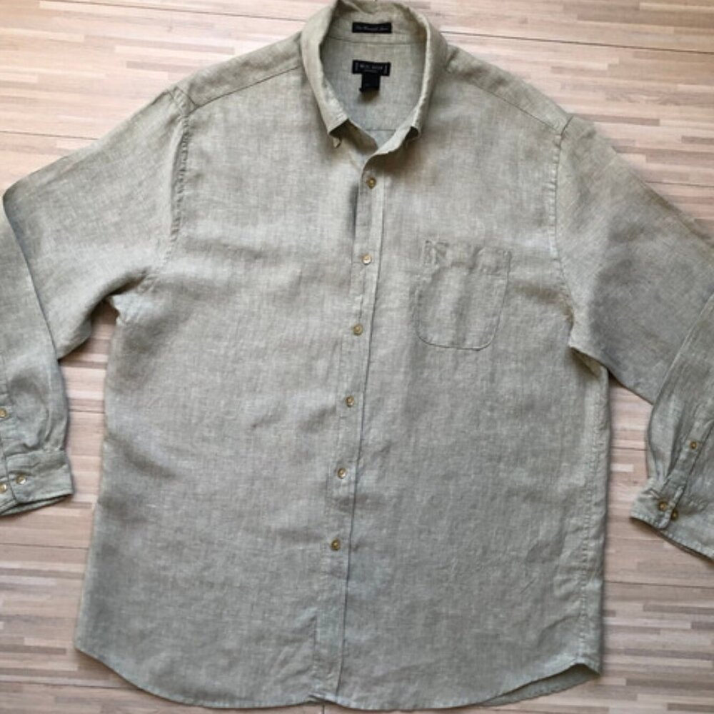W. H. WH Belk, Men's Button Up Shirt, Fine Washable Linen, Green, Size XX Large